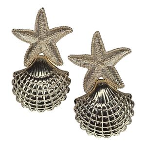 Gold Bold Starfish Scallop Shell Drop Earrings Coastal Ocean Summer Tropical
